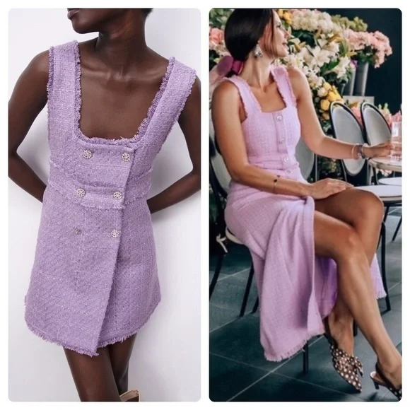 New Zara Tweed Rhinestone Button Dress - Picture 2 of 10